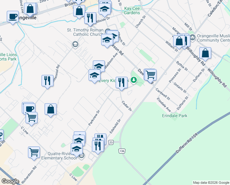map of restaurants, bars, coffee shops, grocery stores, and more near 2 Parkview Drive in Orangeville