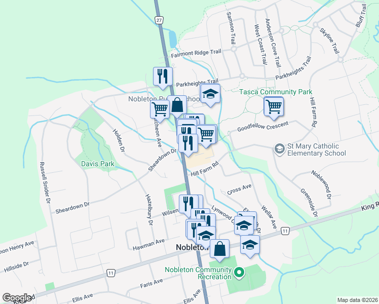 map of restaurants, bars, coffee shops, grocery stores, and more near 13255 Ontario 27 in Nobleton
