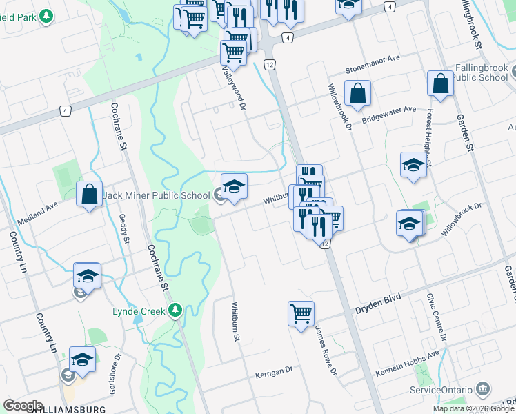 map of restaurants, bars, coffee shops, grocery stores, and more near 1 Harness Ridge Drive in Whitby