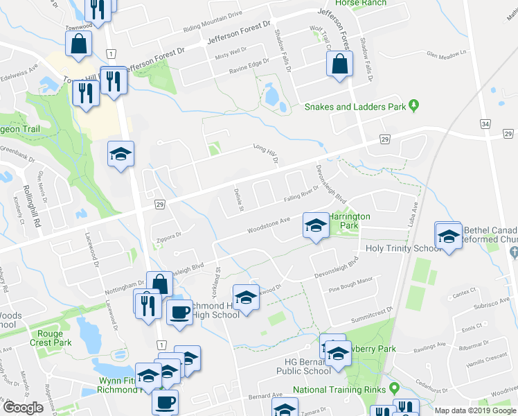 map of restaurants, bars, coffee shops, grocery stores, and more near Falling River Drive in Richmond Hill