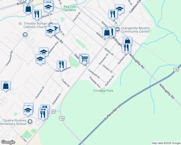 map of restaurants, bars, coffee shops, grocery stores, and more near 12 Cardwell Street in Orangeville