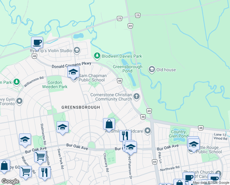 map of restaurants, bars, coffee shops, grocery stores, and more near 1812 Castlemore Avenue in Markham