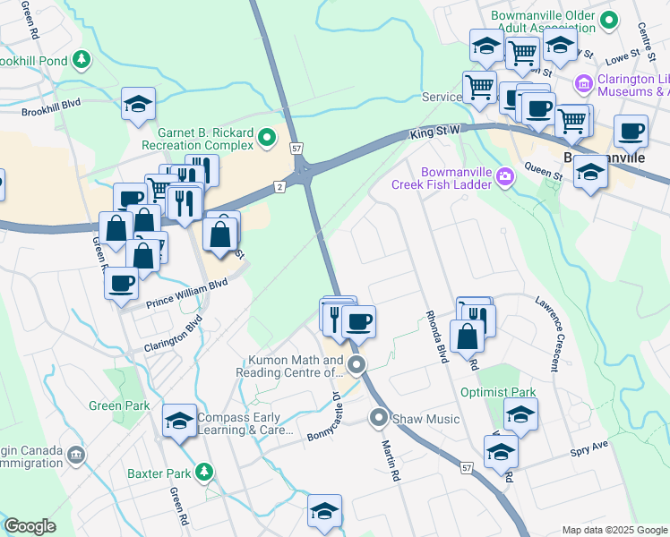 map of restaurants, bars, coffee shops, grocery stores, and more near 1715 Bowmanville Avenue in Bowmanville