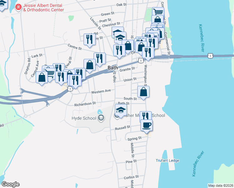 map of restaurants, bars, coffee shops, grocery stores, and more near 648 High Street in Bath