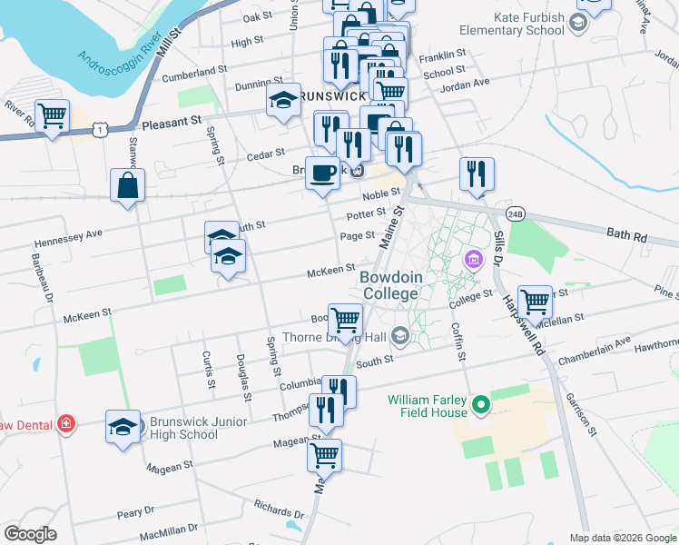 map of restaurants, bars, coffee shops, grocery stores, and more near 7 McKeen Street in Brunswick