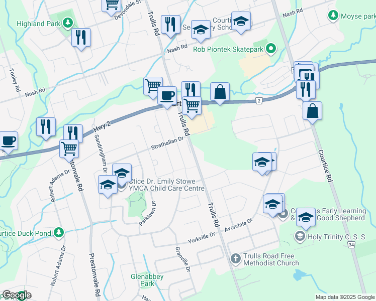 map of restaurants, bars, coffee shops, grocery stores, and more near 2678 Trulls Road in Courtice