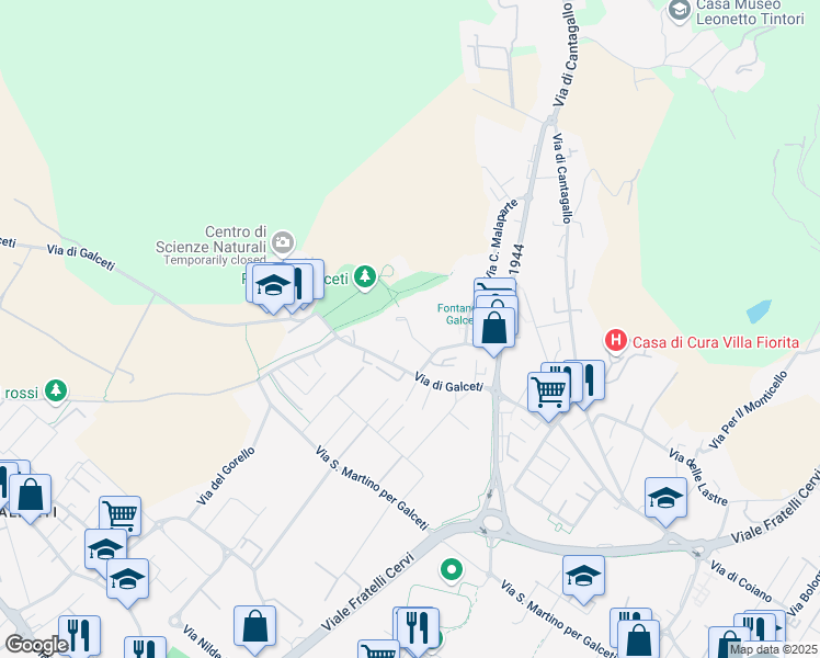 map of restaurants, bars, coffee shops, grocery stores, and more near 49 Via Sante Pisani in Prato