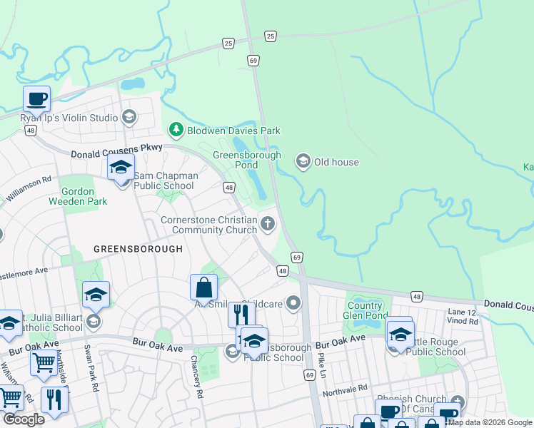 map of restaurants, bars, coffee shops, grocery stores, and more near 9700 Ninth Line in Markham