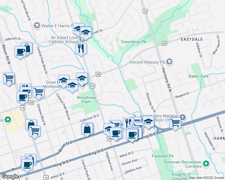 map of restaurants, bars, coffee shops, grocery stores, and more near 598 Lansdowne Drive in Oshawa