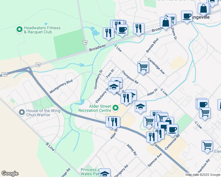 map of restaurants, bars, coffee shops, grocery stores, and more near 288 Elderberry Street in Orangeville