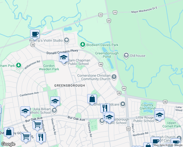 map of restaurants, bars, coffee shops, grocery stores, and more near 5 Wilcliff Court in Markham