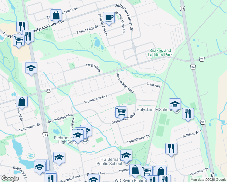 map of restaurants, bars, coffee shops, grocery stores, and more near 76 Woodstone Avenue in Richmond Hill