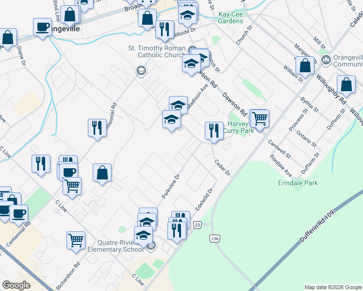 map of restaurants, bars, coffee shops, grocery stores, and more near 31 Parkview Drive in Orangeville