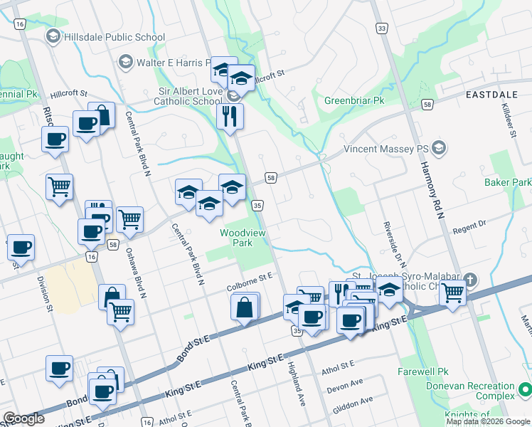 map of restaurants, bars, coffee shops, grocery stores, and more near 225 Wilson Road North in Oshawa