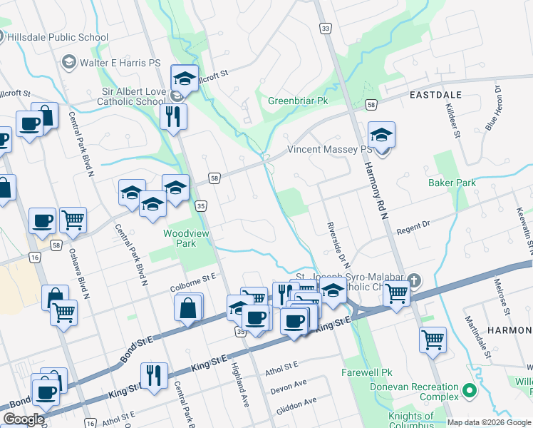 map of restaurants, bars, coffee shops, grocery stores, and more near 640 Lansdowne Drive in Oshawa