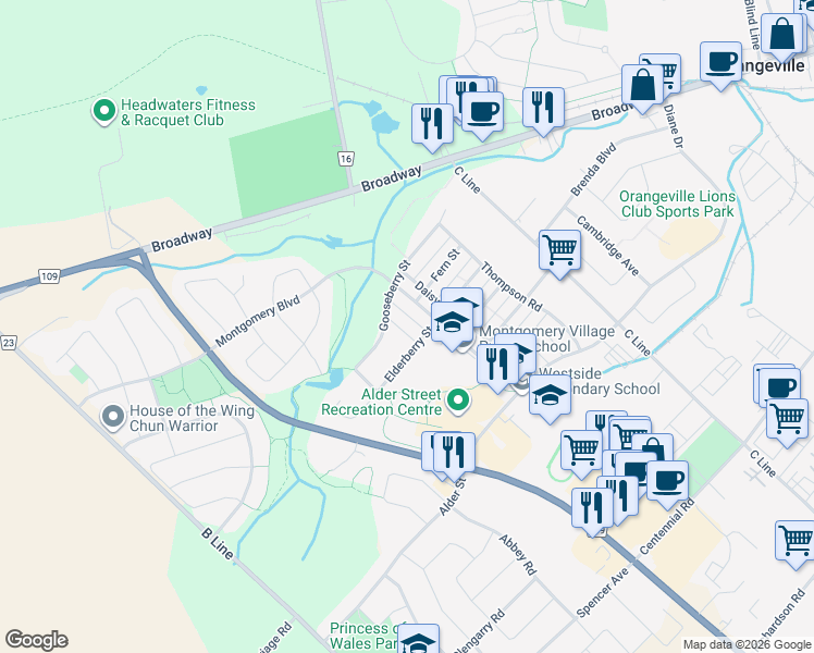 map of restaurants, bars, coffee shops, grocery stores, and more near 17 Harshaw Road in Orangeville