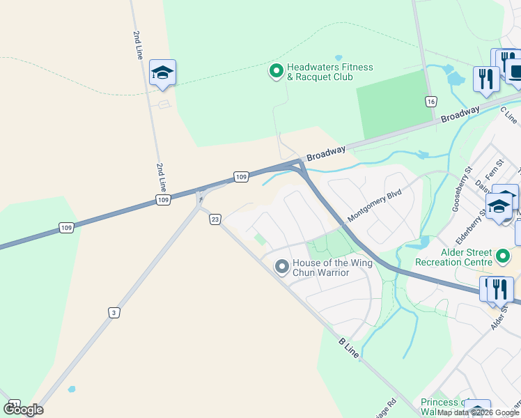 map of restaurants, bars, coffee shops, grocery stores, and more near 35 Cameron Court in Orangeville