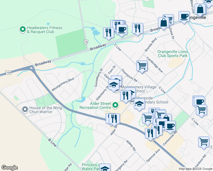 map of restaurants, bars, coffee shops, grocery stores, and more near 17 Harshaw Road in Orangeville