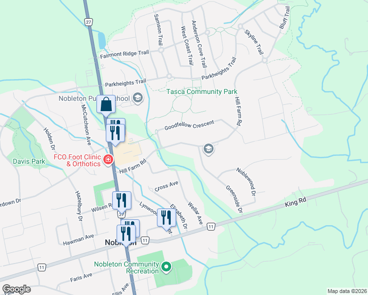 map of restaurants, bars, coffee shops, grocery stores, and more near 79 Hill Farm Road in Nobleton