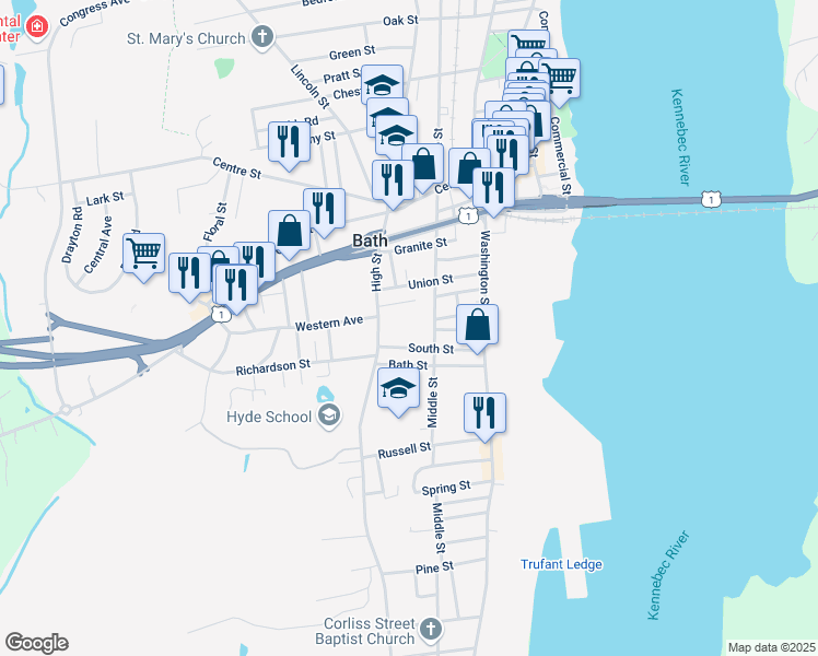 map of restaurants, bars, coffee shops, grocery stores, and more near 83 South Street in Bath