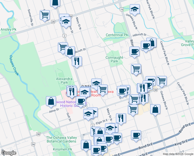 map of restaurants, bars, coffee shops, grocery stores, and more near 383 Mary Street North in Oshawa