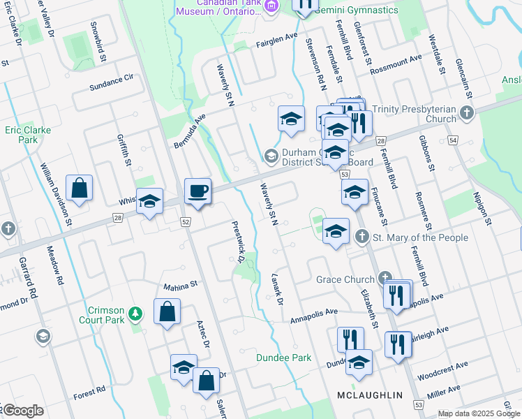 map of restaurants, bars, coffee shops, grocery stores, and more near 570 Waverly Street North in Oshawa