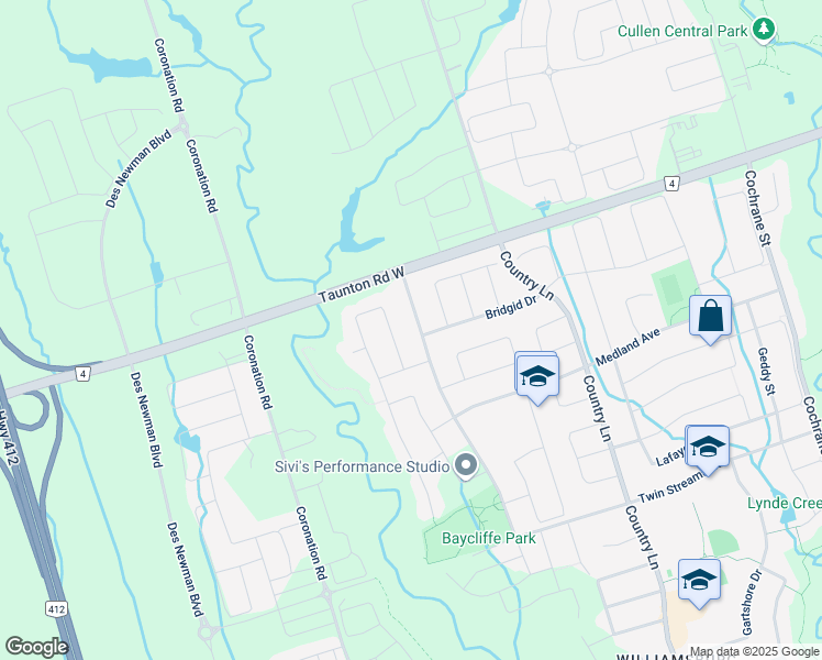 map of restaurants, bars, coffee shops, grocery stores, and more near 120 Baycliffe Drive in Whitby