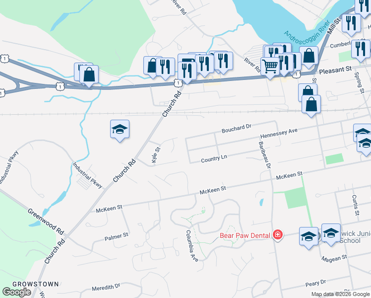 map of restaurants, bars, coffee shops, grocery stores, and more near 89 Hennessey Avenue in Brunswick