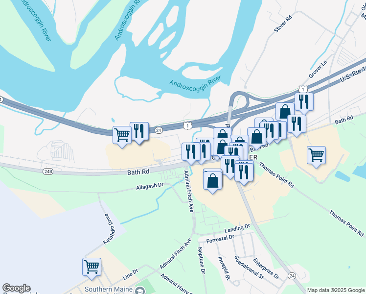 map of restaurants, bars, coffee shops, grocery stores, and more near 9 D Street in Brunswick