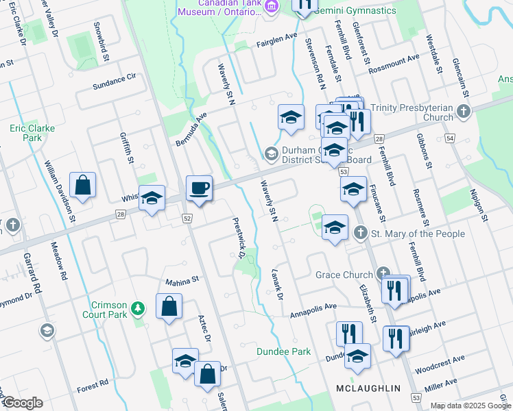 map of restaurants, bars, coffee shops, grocery stores, and more near 570 Waverly Street North in Oshawa