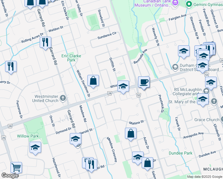 map of restaurants, bars, coffee shops, grocery stores, and more near 641 Whistler Drive in Oshawa