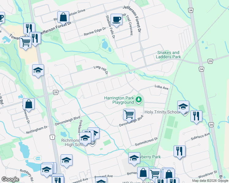 map of restaurants, bars, coffee shops, grocery stores, and more near 29 Falling River Drive in Richmond Hill