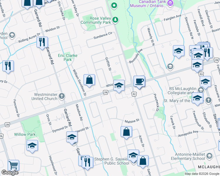 map of restaurants, bars, coffee shops, grocery stores, and more near 892 Rossland Road West in Oshawa