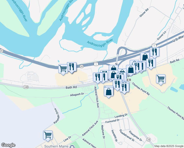 map of restaurants, bars, coffee shops, grocery stores, and more near 4 B Street in Brunswick