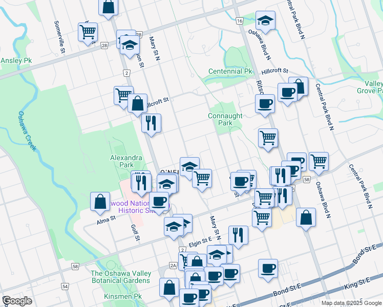 map of restaurants, bars, coffee shops, grocery stores, and more near in Oshawa