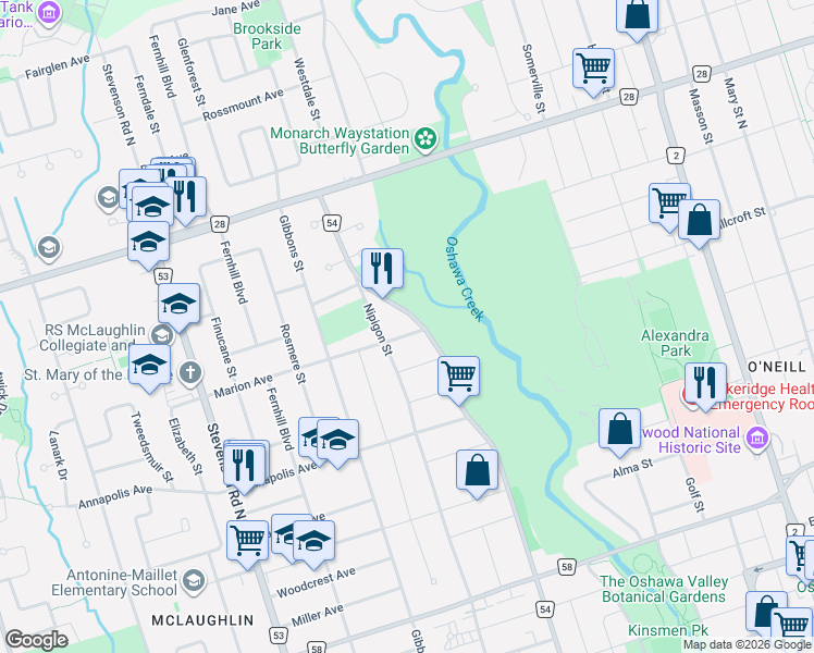 map of restaurants, bars, coffee shops, grocery stores, and more near 318 Marion Avenue in Oshawa