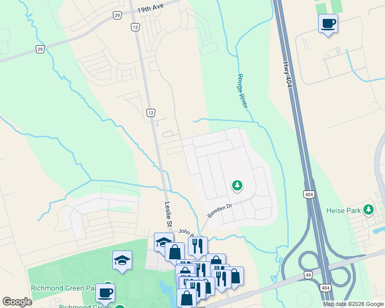 map of restaurants, bars, coffee shops, grocery stores, and more near 124 Hilts Drive in Richmond Hill
