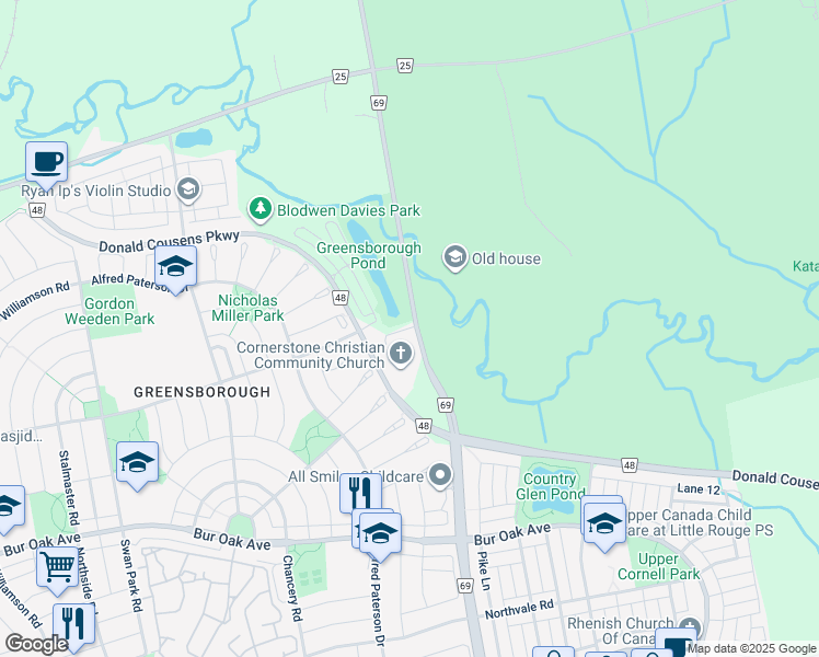 map of restaurants, bars, coffee shops, grocery stores, and more near 9700 Ninth Line in Markham