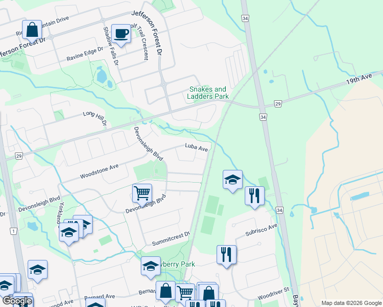 map of restaurants, bars, coffee shops, grocery stores, and more near 37 Dumaurier Crescent in Richmond Hill