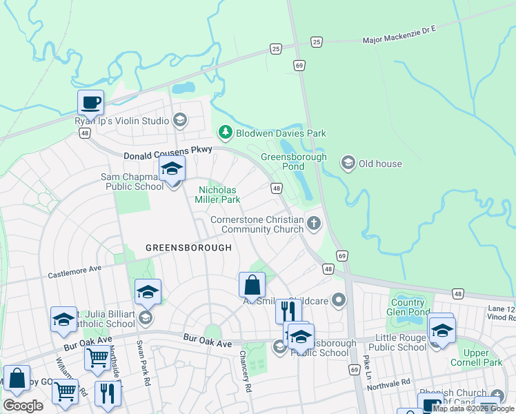 map of restaurants, bars, coffee shops, grocery stores, and more near 7 Wilcliff Court in Markham