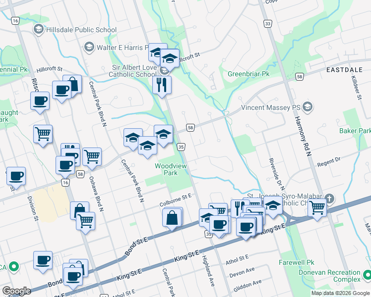 map of restaurants, bars, coffee shops, grocery stores, and more near 235 Wilson Road North in Oshawa
