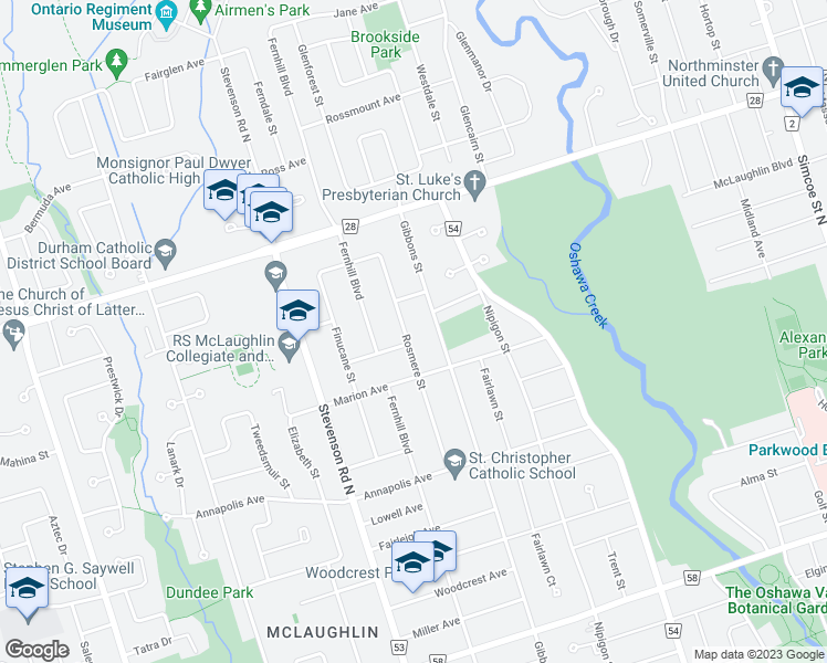 map of restaurants, bars, coffee shops, grocery stores, and more near 549 Rosmere Street in Oshawa