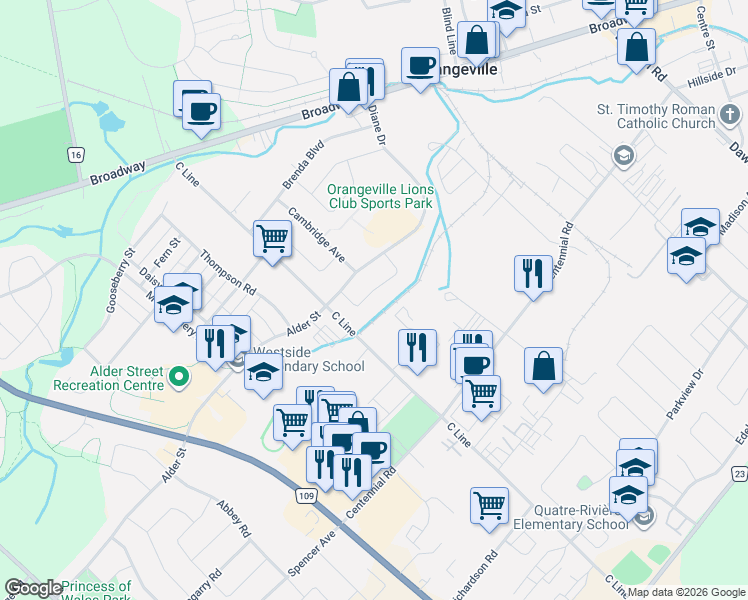 map of restaurants, bars, coffee shops, grocery stores, and more near 51 Manor Crescent in Orangeville