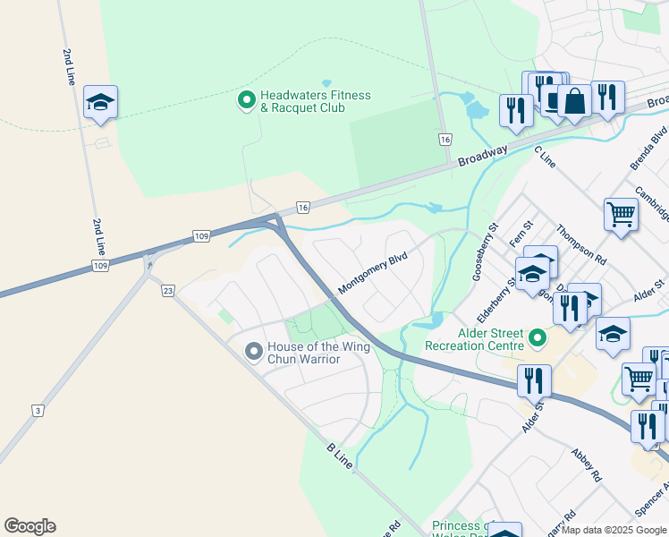 map of restaurants, bars, coffee shops, grocery stores, and more near Dinnick Crescent in Orangeville