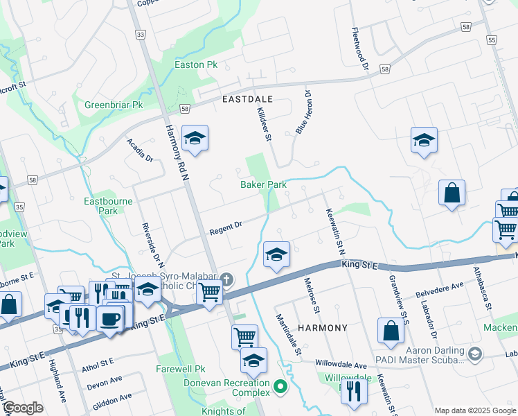 map of restaurants, bars, coffee shops, grocery stores, and more near 894 Regent Drive in Oshawa