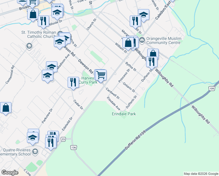 map of restaurants, bars, coffee shops, grocery stores, and more near 12 Cardwell Street in Orangeville
