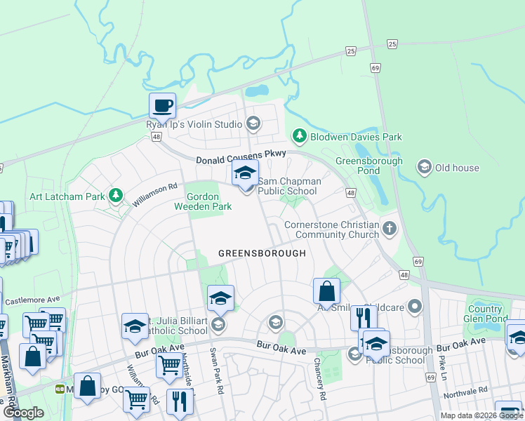 map of restaurants, bars, coffee shops, grocery stores, and more near Delray Drive in Markham