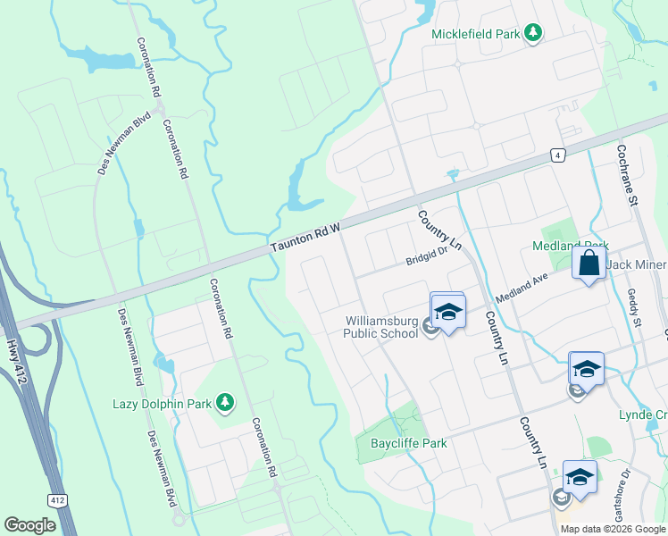 map of restaurants, bars, coffee shops, grocery stores, and more near 23 Gloria Crescent in Whitby