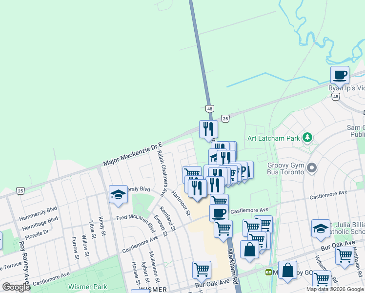 map of restaurants, bars, coffee shops, grocery stores, and more near 23 Chicago Lane in Markham
