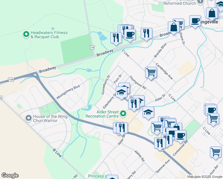 map of restaurants, bars, coffee shops, grocery stores, and more near 146 Montgomery Boulevard in Orangeville